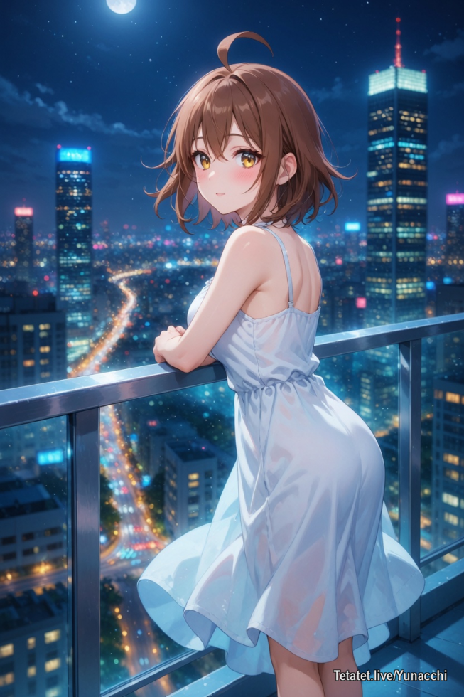 Ночь, звёзды и очень нежная waifu на балконе